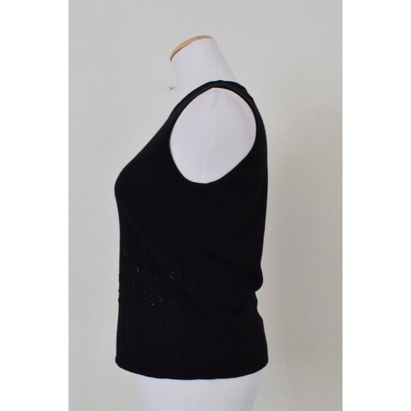 Vintage 90s Stretch Silk/Rayon Black Embroidered + Beads Tank Top | size PM - Picture 2 of 10